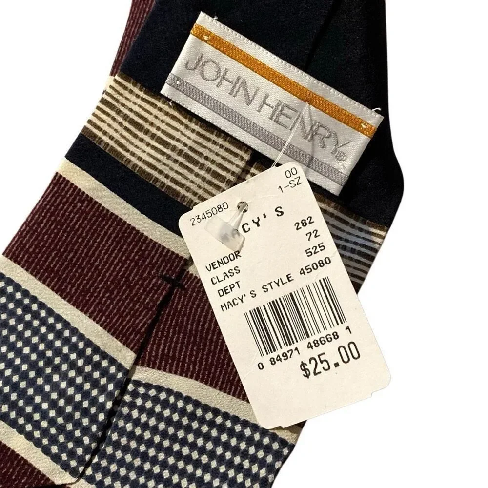 John Henry 100% Silk Tie Beige Black Burgundy Striped Made in USA Vintage NWT